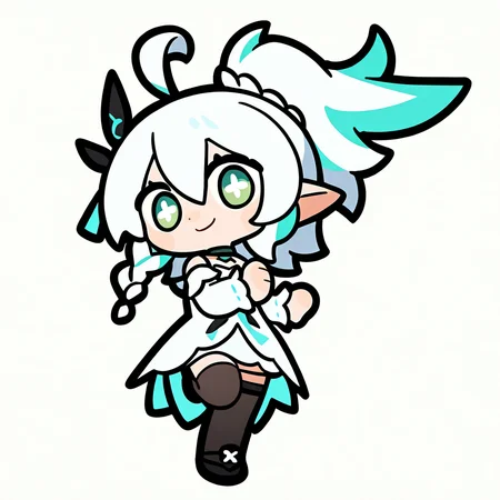 1girl, 
solo, simple background, white background, chibi, full body, pose, side ponytail, ahoge, single braid, standing on one leg, hair ornament, white hair, standing, green eyes, smile, symbol-shaped pupils, choker, long sleeves, braid, pointy ears, two-tone hair, multicolored hair, white dress, dress, looking at viewer, sidelocks, short hair, hair between eyes, streaked hair, black footwear, long hair, thighhighs, ponytail, black thighhighs, detached sleeves,
masterpiece, best quality, very aesthetic, newest, absurdres, incredibly absurdres
 <lora:luodedaonoob-000006:1>