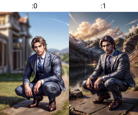 <lora:1717438748012578418:0>, (((Details++))), business suit, black hair, ((landscape with Single-Point Perspective, golden blunt cut, grey-blue eyes, confused, Alphonse Mucha)) (homoerotic), masterpiece, highly detailed face and skin, hyperrealistic, male only, bara, mature, stubble, muscular male, handsome, male focus, light particles, real light and shadow,  <lora:style_adddetail:.7> <lora:style_deluster2:-.4><lora:style_hotarublurbk_v100:1> (((from front, squatting)))