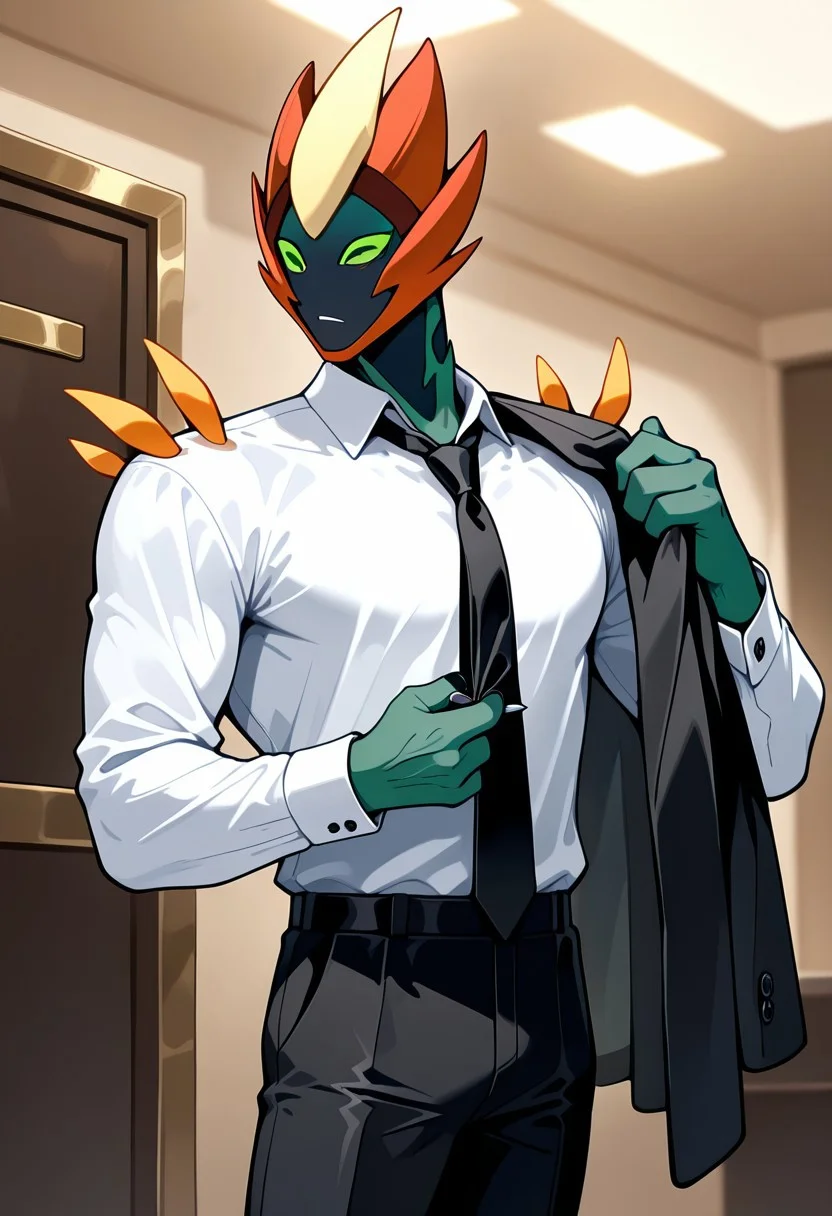masterpiece, best quality, amazing quality, very aesthetic, absurdres, newest, 
swampfire, colored skin, spikes, colored sclera, 1boy, green skin, green eyes,  no humans, pokemon (creature), shoulder spikes,
 green hands, fixing cuff, thirst trap, looking to side, tuxedo suit, tuxedo shirt, loose tie , black tie, white shirt, holding coat in hands, black pants,