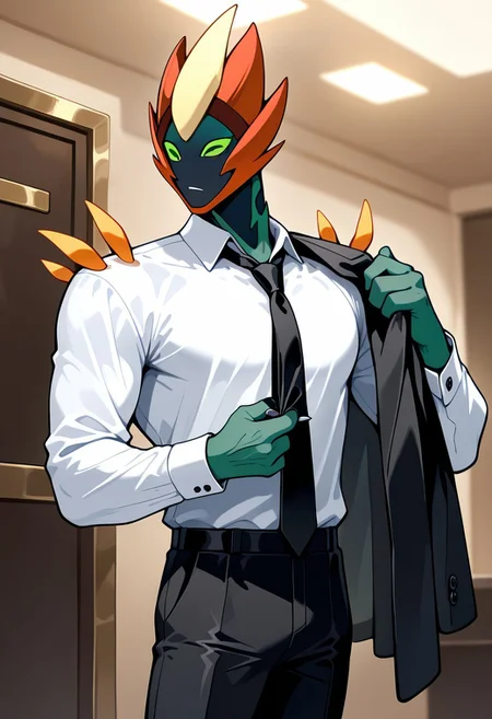 masterpiece, best quality, amazing quality, very aesthetic, absurdres, newest,
swampfire, colored skin, spikes, colored sclera, 1boy, green skin, green eyes, no humans, pokemon (creature), shoulder spikes,
green hands, fixing cuff, thirst trap, looking to side, tuxedo suit, tuxedo shirt, loose tie , black tie, white shirt, holding coat in hands, black pants,