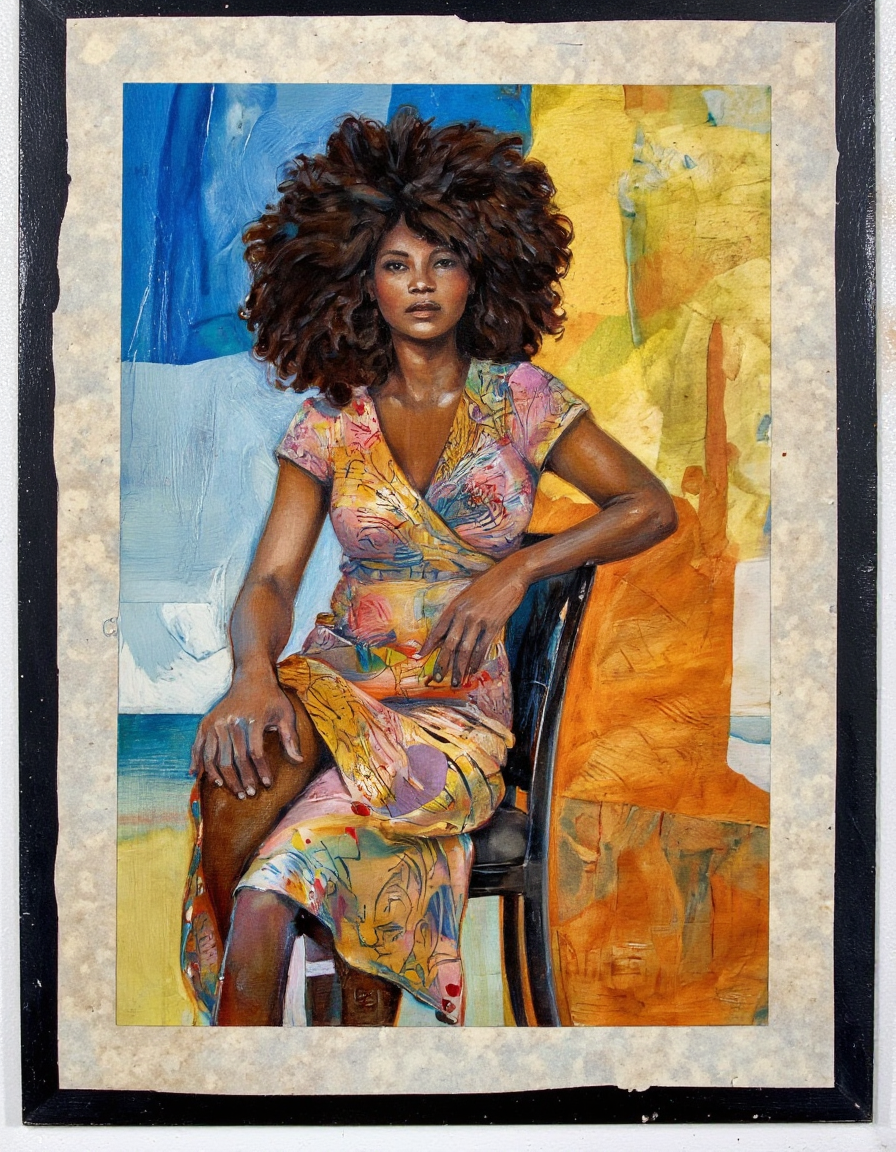 Art by Eli Minaya. A painting of a seated figure, created with a blend of vibrant colors and textures, depicting a woman with an afro hairstyle, sitting on a chair in the middle of the image. the woman, who appears to be in her early twenties, has a slender physique and is wearing a colorful, intricate dress with a floral pattern. her hair is styled in a voluminous, curly manner, and she is facing the viewer with a neutral expression. the background is a mix of blue, yellow, and orange hues, with abstract shapes and lines that create a sense of depth and texture. the painting is framed in a simple, rectangular shape, and the woman is positioned in the center of the frame, with her full body visible. the style is reminiscent of modern art, with a focus on texture and depth, making the image visually striking and captivating.