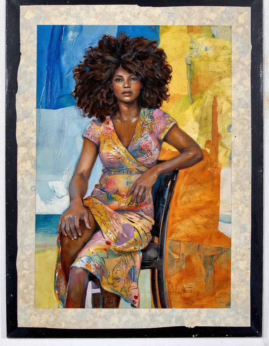 Art by Eli Minaya. A painting of a seated figure, created with a blend of vibrant colors and textures, depicting a woman with an afro hairstyle, sitting on a chair in the middle of the image. the woman, who appears to be in her early twenties, has a slender physique and is wearing a colorful, intricate dress with a floral pattern. her hair is styled in a voluminous, curly manner, and she is facing the viewer with a neutral expression. the background is a mix of blue, yellow, and orange hues, with abstract shapes and lines that create a sense of depth and texture. the painting is framed in a simple, rectangular shape, and the woman is positioned in the center of the frame, with her full body visible. the style is reminiscent of modern art, with a focus on texture and depth, making the image visually striking and captivating.