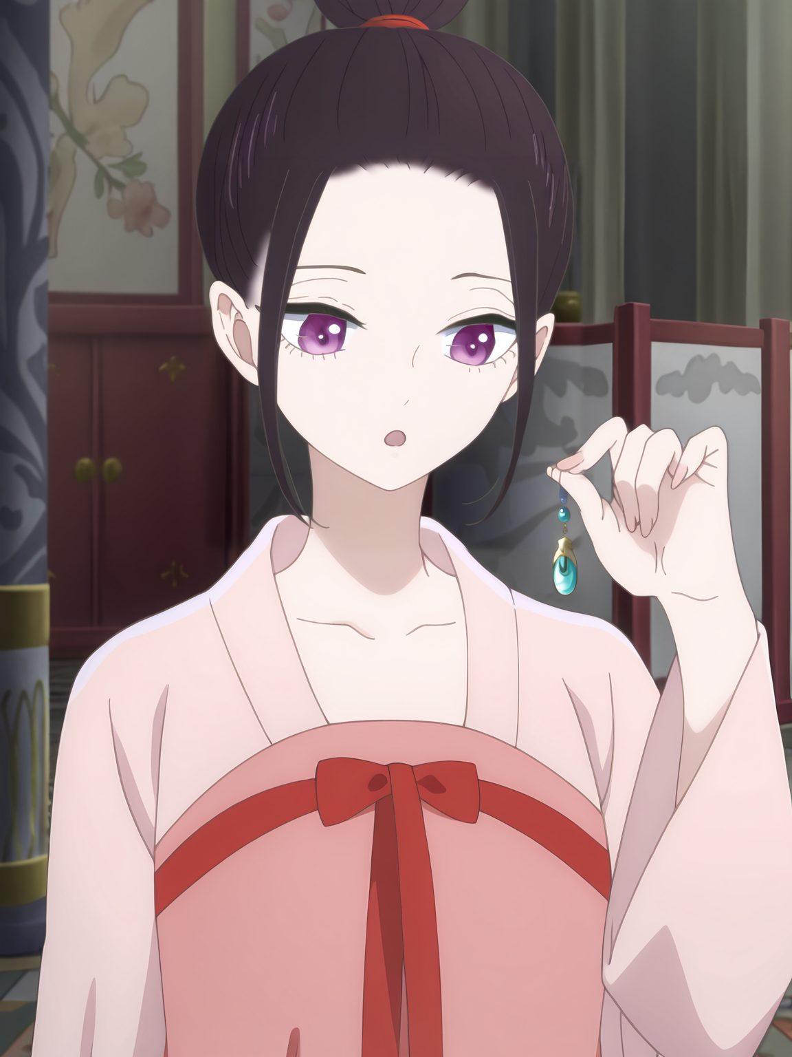 <lora:Ryuu_Jusetsu_v6:0.8>, ryuu jusetsu, 1girl, solo, purple eyes, sidelocks, black hair, pink hanfu, red chest bow, long sleeves, open mouth, :o, half-closed eyes, holding earrings, standing, hand up, looking at object, upper body, indoors, pillar, east asian architecture