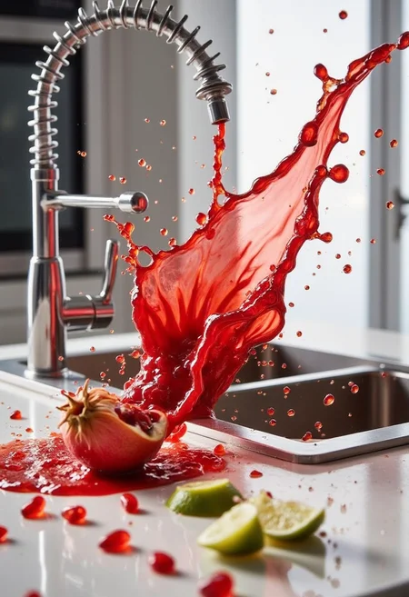 yfg-c0ff, A burst of vibrant red pomegranate juice, propelled from a squeezed fruit, creates a tart splash against a polished kitchen sink. The juice, captured in a moment of fruity explosion, forms a cloud of tiny droplets, reflecting the bright overhead lights. A few stray pomegranate seeds and a slice of lime lie scattered on the counter, adding to the refreshing scene. The squeezed fruit, now empty, lies on its side, its peel partially obscured by the spilled juice. The background is a modern kitchen, with stainless steel appliances and a minimalist design.