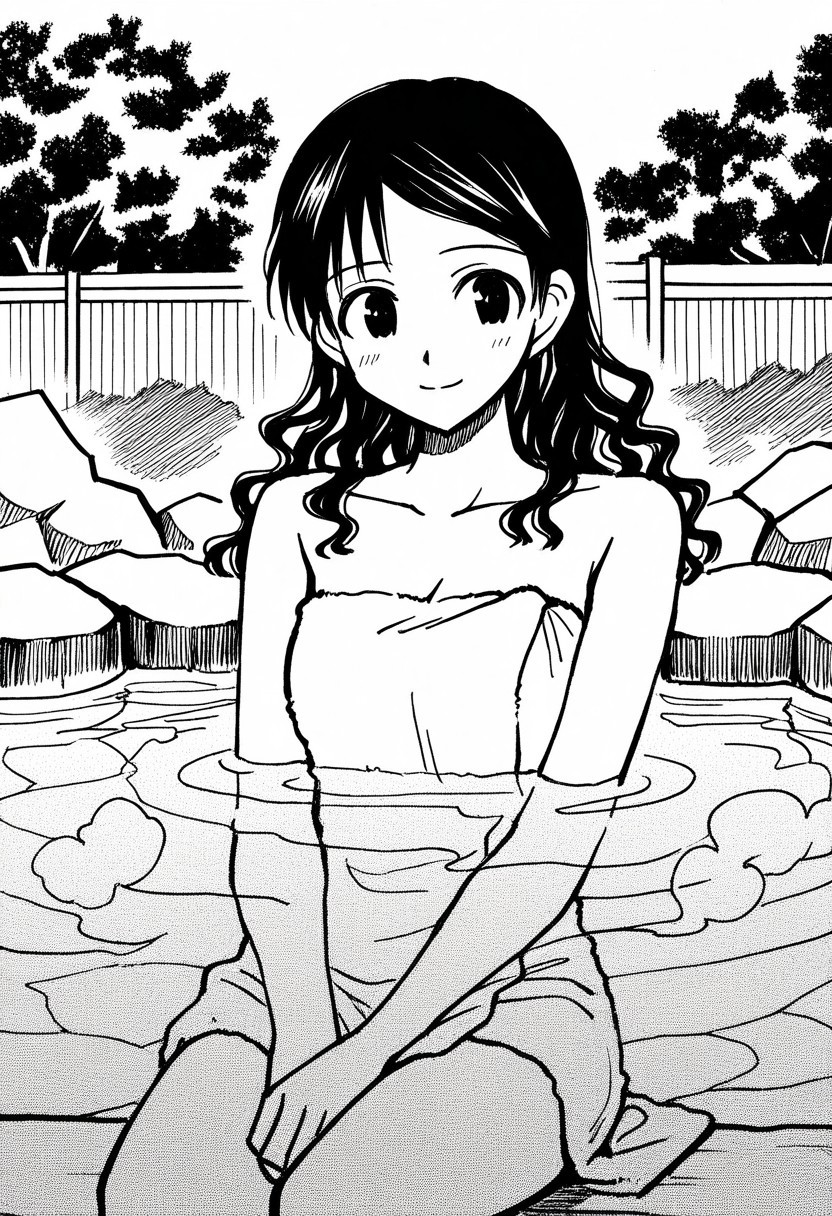 1girl, Yuukimanga, monochrome, black hair, steam,long hair, wavy hair, sitting , onsen, partially submerged, smile, outdoors, bare shoulders, towel