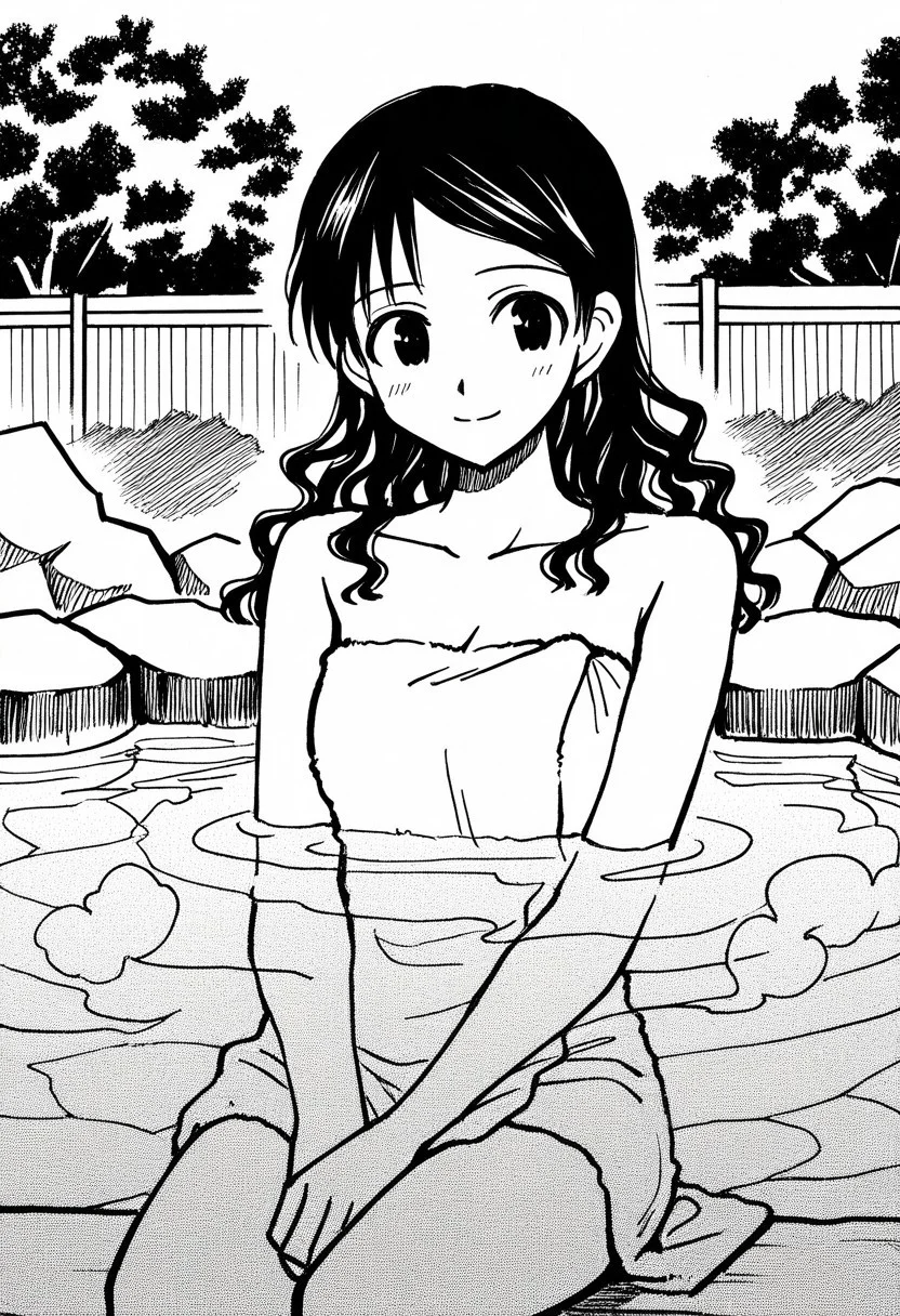 1girl, Yuukimanga, monochrome, black hair, steam,long hair, wavy hair, sitting , onsen, partially submerged, smile, outdoors, bare shoulders, towel