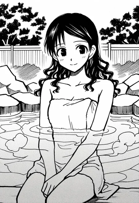 1girl, Yuukimanga, monochrome, black hair, steam,long hair, wavy hair, sitting , onsen, partially submerged, smile, outdoors, bare shoulders, towel