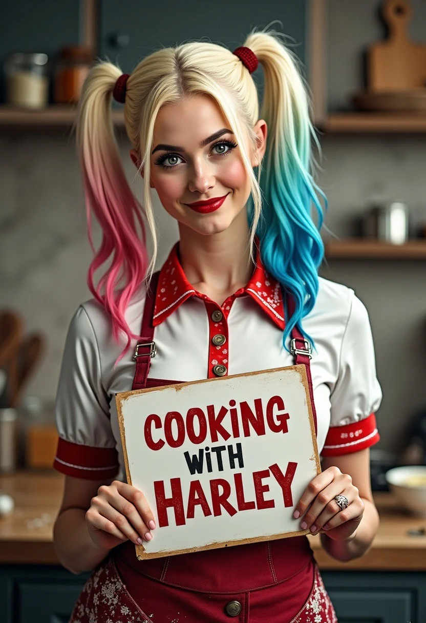 detail book cover of (kitchen, beautiful Harley Quinn in chef outfit, covered in batter, holding sign, large text 'Cooking with Harley'
kitchen, Harley Quinn in chef outfit, portrait, 8k detail)