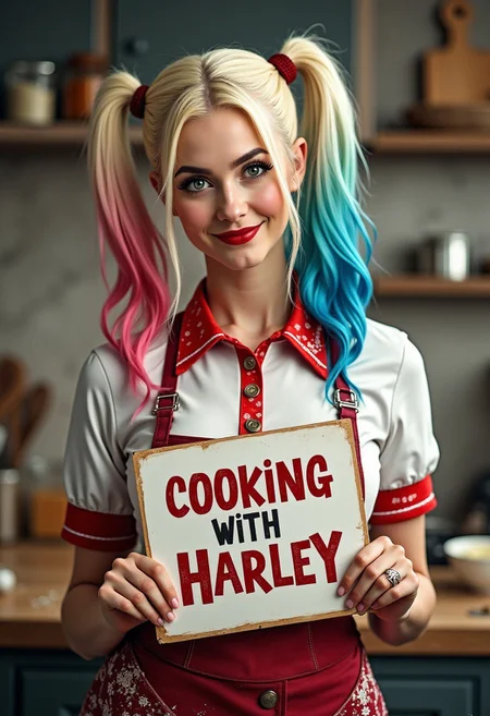 detail book cover of (kitchen, beautiful Harley Quinn in chef outfit, covered in batter, holding sign, large text 'Cooking with Harley'
kitchen, Harley Quinn in chef outfit, portrait, 8k detail)
