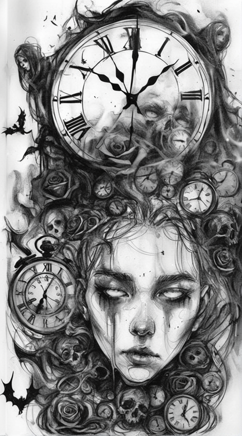 visiblend girl death, destroyed clocks and demons in the background, black ink<lora:visiblend:0.8>