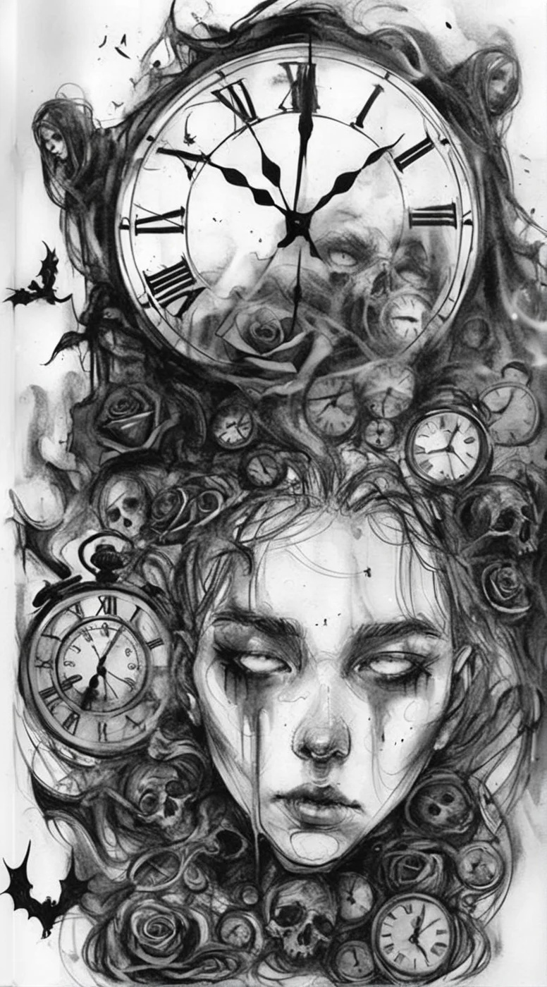 visiblend girl death, destroyed clocks and demons in the background, black ink<lora:visiblend:0.8>