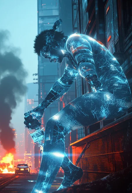 A holographic warrior, blinded by a sleek, metallic headband, leans heavily against a massive, fractured glass skyscraper in a dystopian cityscape. His shimmering projection flickers with instability, the translucent armor riddled with cracks and glowing lines of corrupted data. The faint outline of an energy bolt, lodged deep within his back, pulsates erratically, sending ripples of distortion through his digital form.
The building behind him towers ominously, its shattered glass panels reflecting fragmented neon lights from the chaos below—burning vehicles, flying drones, and smog-choked skies illuminated by flashes of electric blue and red. His leaning pose exudes both exhaustion and resilience, one hand clutching a glowing energy blade plunged into the ground for support.
Smoke coils upward, mingling with digital static in the air, while faint, glitching embers drift around him. Despite his blinded state and failing projection, the warrior’s stance suggests a relentless determination to hold his ground amidst the crumbling cyberpunk dystopia, embodying both vulnerability and defiance in a cinematic, high-tech tableau.
