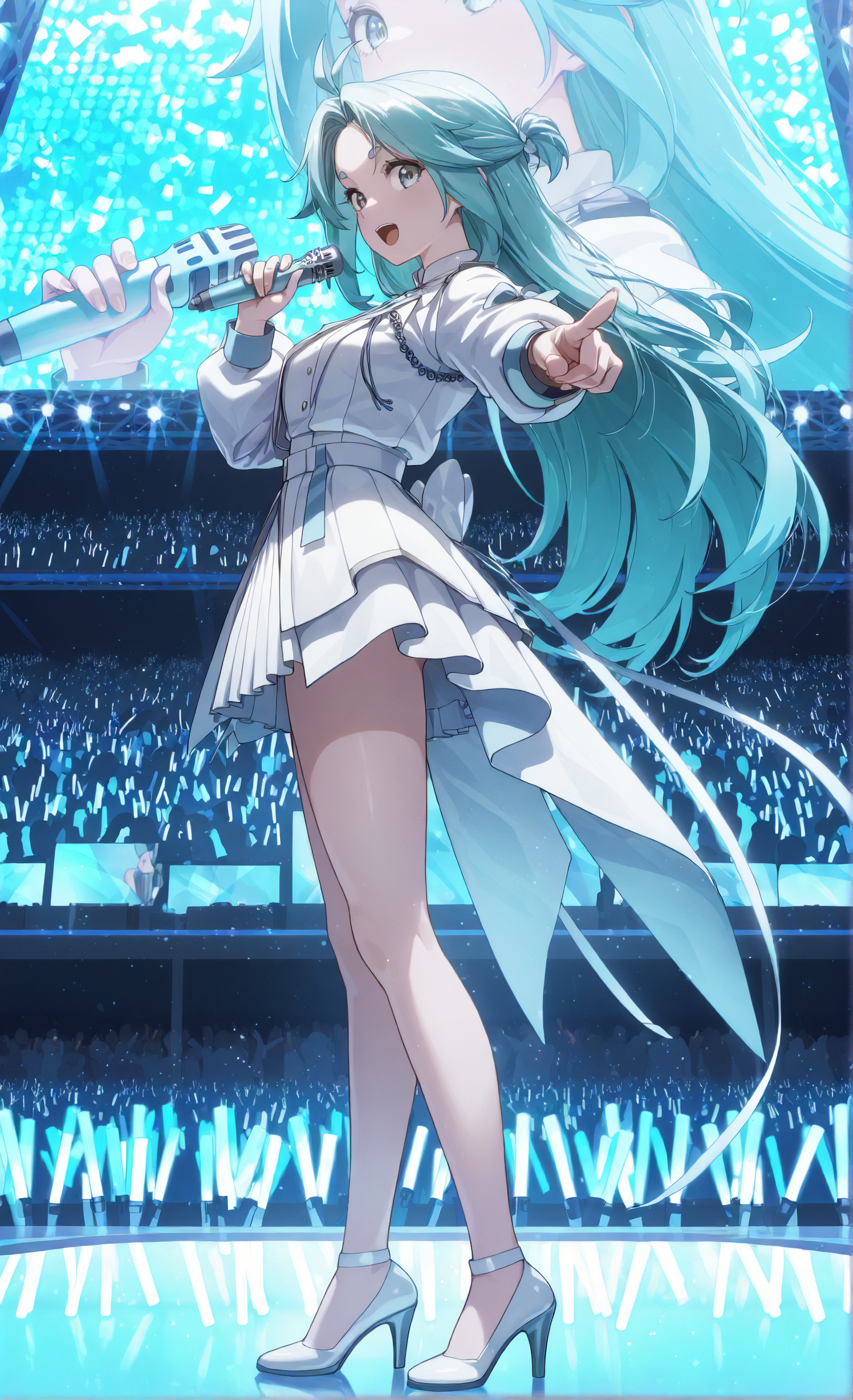 masterpiece, sharp detail, intricate detail,  1girl,  <lora:To be hero X - Lucky Cyan:1>, lucky cyan \(to be hero x\), standing, from side, pointing at viewer, glowstick, crowd, stage, full body, bare legs, high heels, white outfit, holding microphone, idol,