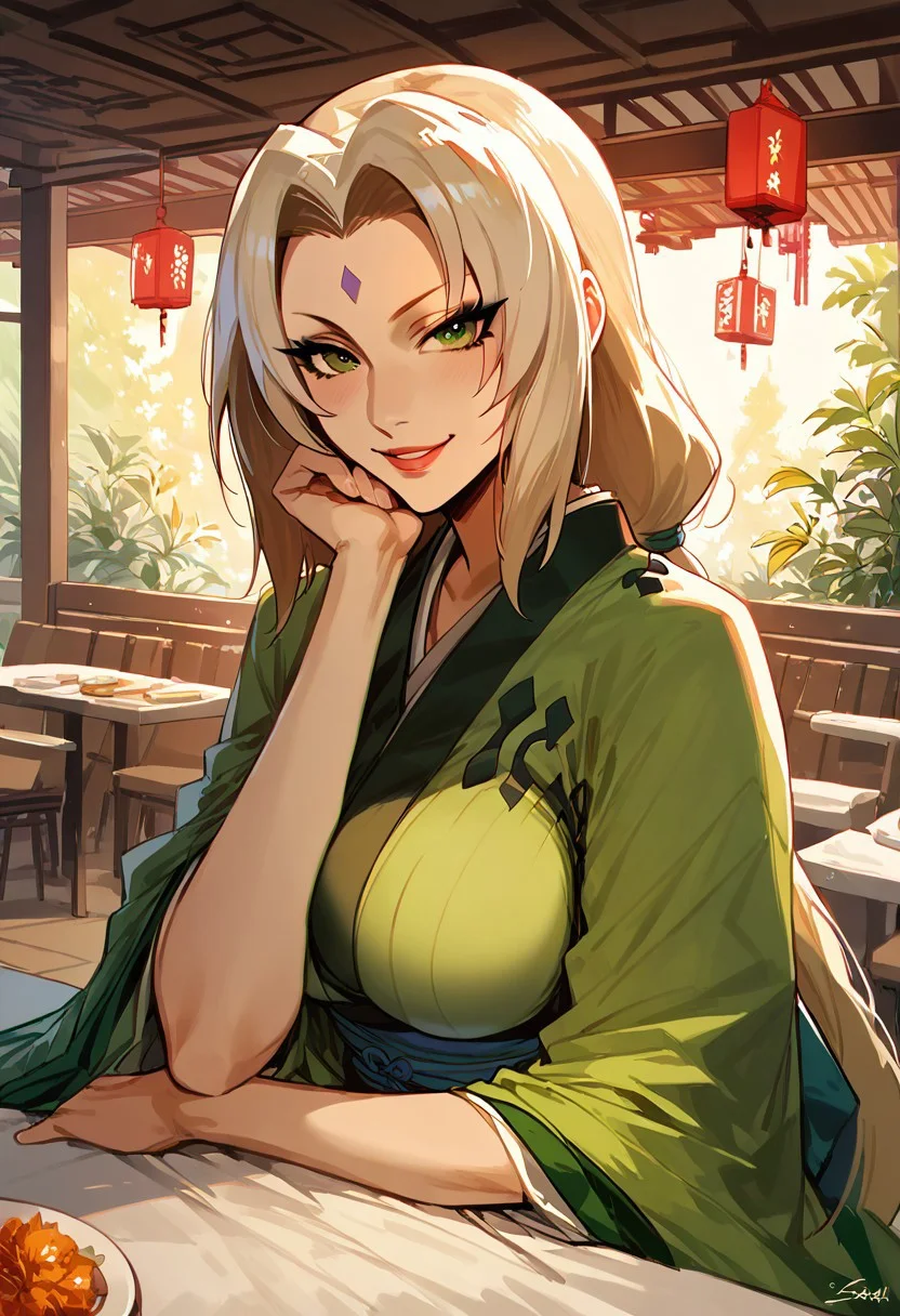 (sketch drawing:0.8), (digital painting:0.8), (score_9, score_8_up, score_7_up), (Tsunade, mature, milf), (green eyes, high quality eyes), (white hair, long hair), TsunadeSenju, 4k, absurd, high resolution, very high resolution, high definition, masterpiece, 1girl, solo, looking at viewer, smile, black makeup, (Japanese clothes, kimono), slight smile, sitting across table, restaurant, arm rest, cinematic lighting, colored spotlights,