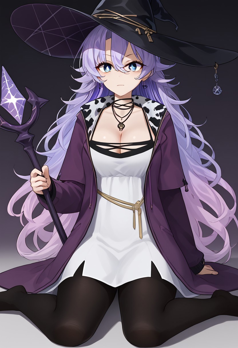 1girl, solo, highres, Shisui_Michiru, long hair, blue eyes, parted bangs, hair between eyes, light purple hair, multicolored hair, gradient hair, purple jacket, long sleeves, cow print, cleavage, white dress, witch hat, black hat, jewelry, necklace, earrings, holding, holding staff, sitting, wariza, w sitting, black pantyhose