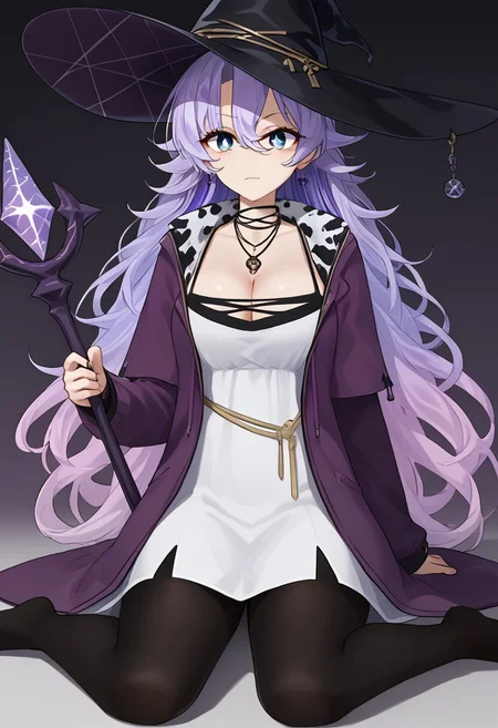 1girl, solo, highres, Shisui_Michiru, long hair, blue eyes, parted bangs, hair between eyes, light purple hair, multicolored hair, gradient hair, purple jacket, long sleeves, cow print, cleavage, white dress, witch hat, black hat, jewelry, necklace, earrings, holding, holding staff, sitting, wariza, w sitting, black pantyhose