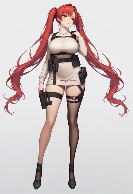 score_9, score_8_up, score_7_up, source_anime BREAK 1girl, solo, simple background, white background,
<lora:nikke-style-poses-richy-v1_pdxl:1> nikkestanding, full body, standing, parted lips, red hair, twintails, very long hair, yellow eyes, large breasts, turtleneck sweater, white sweater, sweater dress, black, thighhighs, tactical clothes, thigh strap, thigh holster, shoulder holster, shoulder strap, chest strap, harness
