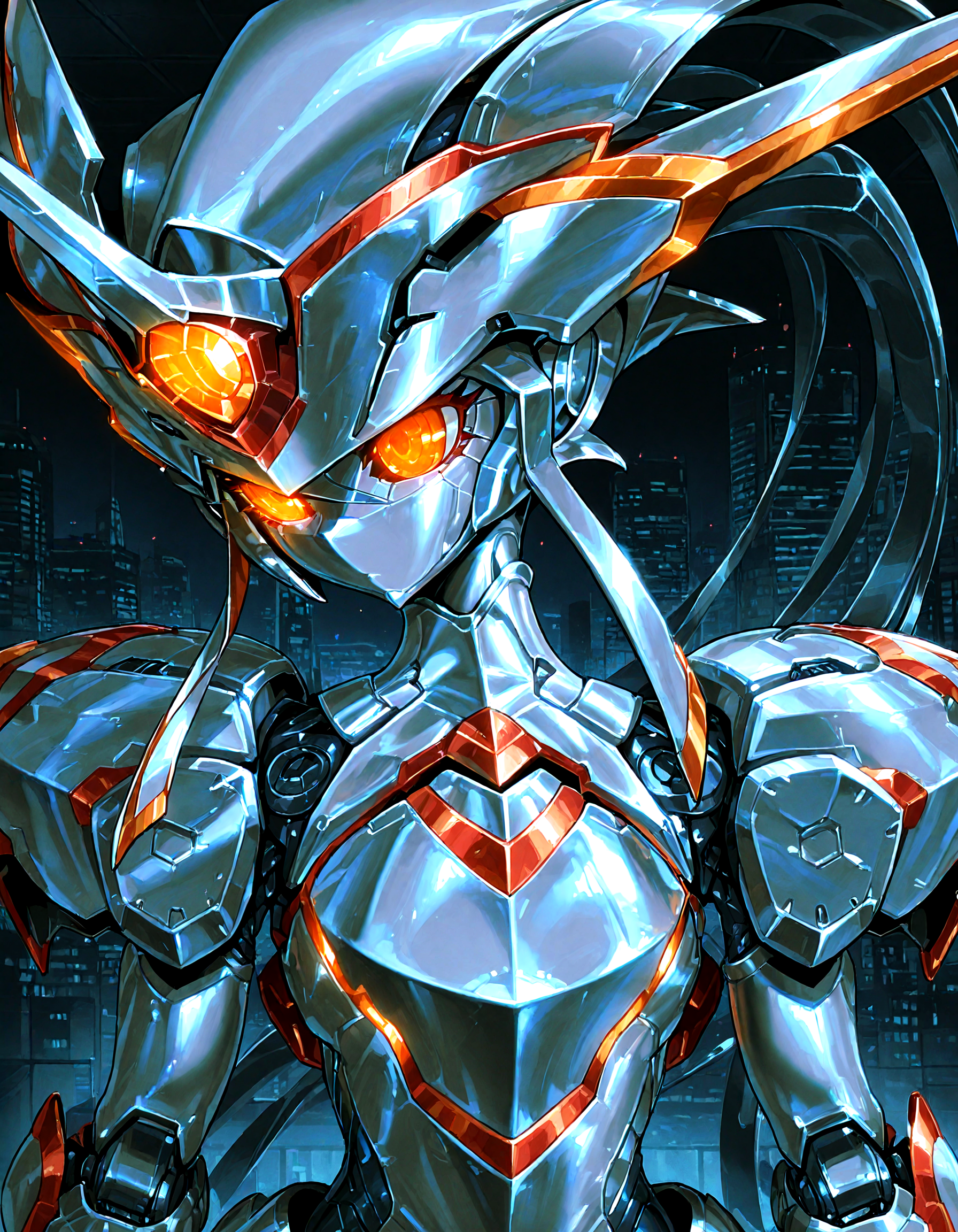 indoor, bedroom, futuristic city, futuristic background,  detailed background, SilverPulse, masterpiece, best quality, highly detailed,  strelizia:0.7,pochincoff, 1girl, cyborg ,joints ,mecha ,mechanical_arms ,multicolored body , silver body , robot, robot joints , solo, humanoid_robot,pixel face, screen face, robot body, metal skin, armor, armored_dress , horns ,mecha  ,mechanical_legs , orange_eyes ,robot ,single_horn, no_mouth ,mecha musume, helmet, upper_body ,face focus, <lora:SilverPulseMorphXL:0.7> <lora:add_details_xl:1>,<lora:illustrious_noobai_epsilon_pred_1_best_quality_v1:0.7> ,<lora:illustrious_noobai_epsilon_pred_1_masterpieces_v1:0.7>, <lora:ponyv4_noob1_2_adamW:0.7>,