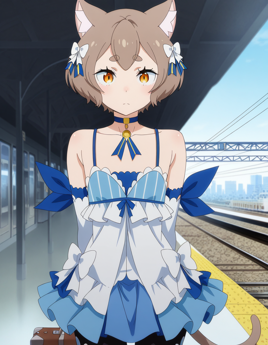 masterpiece, best quality, amazing quality,, <lora:felix-argyle-s3-illustriousxl-lora-nochekaiser:1>, felix argyle, short hair, bangs, brown hair, bow, animal ears, hair bow, male focus, cat ears, eyelashes, bob cut, thick eyebrows, white bow, otoko no ko, anime screencap, dress, bare shoulders, collarbone, jacket, tail, pantyhose, detached sleeves, choker, striped, blue dress, vertical stripes, crossdressing, frills, skirt,, train station, waiting for train, suitcase, traveling, commute, city skyline, hands behind back, , v, looking at viewer, solo,, cowboy shot, solo