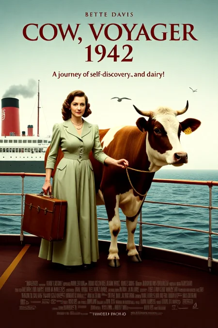 mvpstr. A parody movie poster for "Cow, Voyager (1942)" features Bette Davis elegantly dressed as a 1940s housewife, with a determined expression, standing next to a large, docile cow on a classic steamship deck. The background shows the vast ocean, with seagulls in the sky and the ship's smokestacks puffing in the distance. Bette Davis holds a suitcase in one hand and the cow's rope in the other. The title "Cow, Voyager (1942)" appears in vintage, dramatic font at the top, and the tagline reads: "A journey of self-discovery... and dairy!" <lora:schnell_v1.0:1.0> <lora:EpicMoviePoster-000015:0.8>