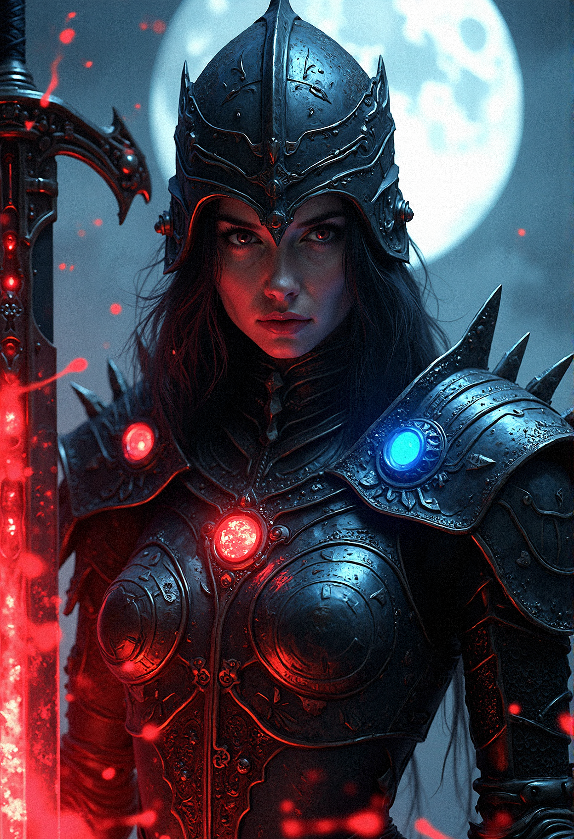 Envision a close-up of a female dark warrior in intricately designed armor, the metal gleaming with both moonlight and an internal, supernatural glow. The armor is detailed with spikes and jagged edges, with red and blue orbs embedded within the chest and shoulders, pulsing rhythmically. The helmet covers most of the face, leaving only the eyes visible, her beautiful crimson eyes that seems to pierce through the night. The figure’s sword, a massive weapon bathed in red flames, reflects on the polished metal, casting shadows and illuminating the faint engravings that run along the edges of the armor. Behind the warrior, the full moon hangs low in the sky, surrounded by swirling red and blue energy clouds that seem to pulse in time with the orbs on the armor. The close-up captures the tension and raw power of the scene, with every detail of the armor and weapon meticulously rendered, giving a sense of both ancient craftsmanship and otherworldly strength.With her eyes focused intensely, the blue orb on her shoulder glowing as if absorbing energy from the swirling clouds.
Embedded Crystal Veins – Red and blue crystal veins branching out from the orbs, giving a fractured look.

