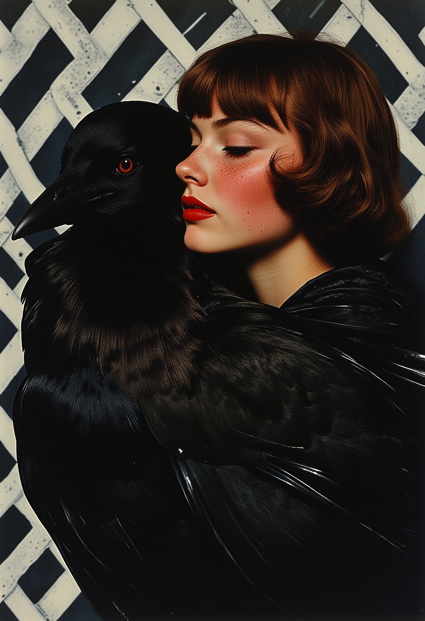 This is a highly detailed oil painting in a realistic style, capturing a close-up above the torso of a red-skinned woman with short, dark brown hair and blunt bangs. Her eyes are closed, and a faint smile graces her lips, while a delicate dusting of freckles softens her striking complexion. A massive black raven envelops her, its glossy feathers meticulously detailed, fanning out around her shoulders with an almost tangible texture. The bird’s head is nestled against her face, its sharp beak resting gently on her cheek, while its piercing eye conveys a deep, enigmatic connection. The background features an intricate array of black and white geometric patterns, composed of bold intersecting lines and angular designs that create a mesmerizing optical illusion effect, sharply contrasting with the organic forms of the woman and the raven. Soft, diffused lighting casts gentle shadows, emphasizing the rich texture of the bird’s iridescent plumage and the woman’s smooth yet vibrant skin, crafting a composition that blends surreal elegance with profound intimacy.