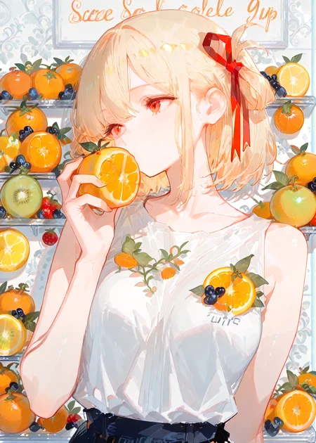 (score_9, score_8_up, score_7_up),masterwork,masterpiece,best quality,lineless,detailed,
<lora:748cmSDXL:0.7>,<lora:MoriiMee_Gothic_Niji_Style_Illustrious_r1:0.6>,<lora:ponyv4_noob1_2_adamW:0.75>,<lora:add-detail-xl:1>,<lora:noobai_vpred_1_masterpieces_v1:1>,<lora:USNR STYLE_XL_loha:0.7>,solo,1girl,one girl,
one tucked behind ear,feature large highlight,feature double highlights,
sensitive,
Multiple Object Background,
holding orange,kiss orange,
1girl,solo,fruit,food,orange (fruit),kiwi (fruit),grapes,blueberry,lemon,orange slice,
(masterpiece:1.3),high resolution,unity 8k wallpaper,(illustration:1.2),8K,<lora:Multiple_Object_Background:1>,<lora:千束:0.8>,chnsh,medium breasts,blonde hair,red eyes,short hair,one side up,hair ribbon,red ribbon,white theme,t-shirt,
