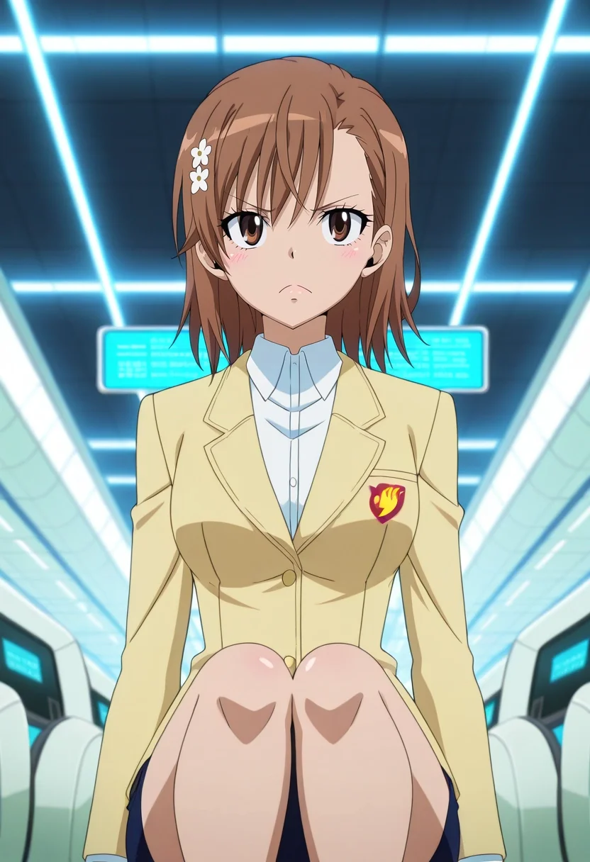 masterpiece, best quality, anime screencap, anime coloring, official style, intricate details, , 1girl, misaka mikoto, brown hair, brown eyes, solo, airport terminal, sleek gates, bustling travelers, glowing departure boards, waiting pose, hopeful expression, morning glow, <lora:fairy_tail_style_ilxl:1>, fairy_tail_style,