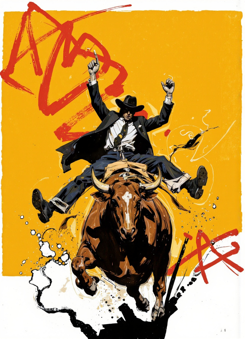 By Martin French. A bold and dynamic illustration featuring a cowboy riding a bucking bronco against a bright yellow background with abstract red lines and splashes. the cowboy is in the middle of the image, wearing a black suit, white shirt, black tie, black pants, black shoes, and a black cowboy hat, with a determined expression on his face. he is positioned in the center of the frame, with his arms raised in the air, and his legs spread wide, as if he is about to take off. the background is a solid yellow color with splashes of red paint, giving the image a dynamic and energetic feel. the style is reminiscent of comic book art, with bold lines and bright colors that create a sense of movement and energy, making the image feel like a powerful and action-packed scene. <lora:Martin_French:1>