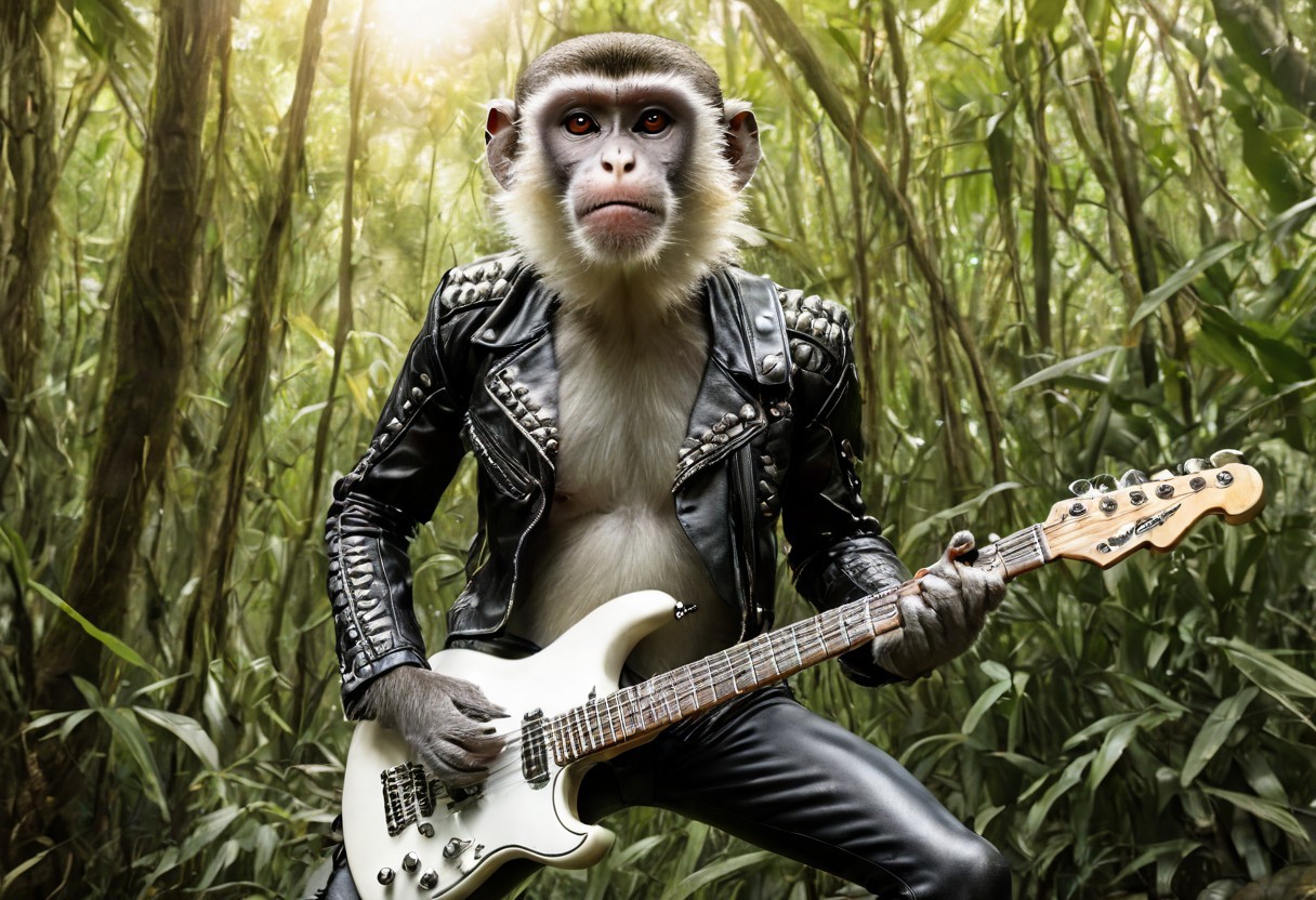 "Vervet monkey", "ultra realistic with high quality and ultra detail with excellent focus of Vervet monkey, presented as a rocker, rocker leather jacket and rocker leather hat on his head, playing electric guitar, in a scene with a lot of svelte and explosive effects, in jungle, forest,