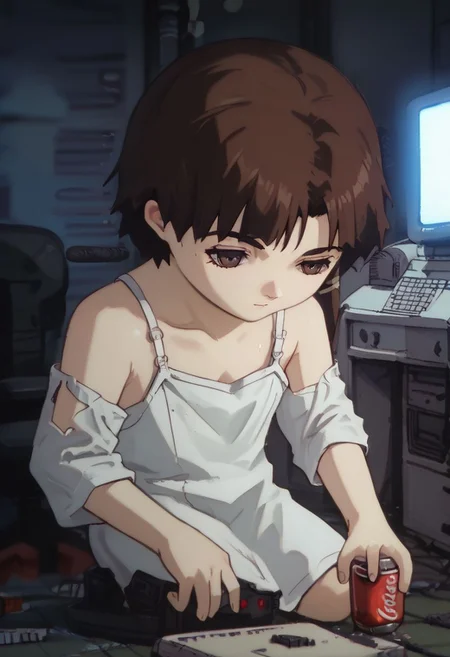 score_9, score_8_up, score_7_up, score_6, source_anime, lain, kneeling, chibi, kawaii, white camisole, sitting on chair, ((drinking cola, playing computer online games, gaming)), dark computer room, watercooling systems, computer screens, computer room, computers, computer cables, network cables, lain's bedroom, low light, pitch dark, dark night, dark ambiance, puddles, wet floor