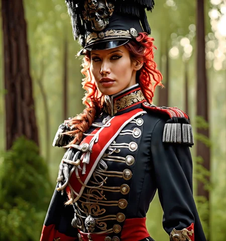 RAW photo, (masterpiece:1.3), subsurface scattering, heavy shadow, (high quality:1.4), (intricate, high detail:1.2), professional photography, HDR, High Dynamic Range, realistic, ultra realistic, photorealistic, high resolution, film photography, ambient lighting, atmospheric effects, <lora:detail_slider_v4:2>, OverallDetail, BiancaB, <lora:BiancaB:1>, red curly hair, mouth closed, looking at viewer, (black) military uniform, black pants, high military hat with a skull emblem, cape, solo, in a forest, femun, upper body, <lora:FemaleUniform:1>, similar to prussian hussar in napoleonic war, epiCPhoto, <lora:cleavage:-2>