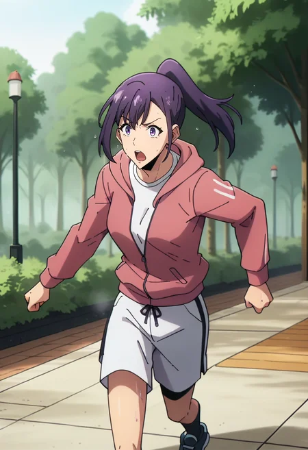 score_9, score_8_up, score_7_up,
<lora:SoloLeveling_SungJinahXL:0.8>, SungJinahSL,
1girl, solo, open mouth, sweat,
purple hair, purple eyes, ponytail,
JinahJogging, white shirt, white shorts, hooded jacket, pink jacket, black leggins,
running, looking at the viewer,
outdoors, tree, forest, park
