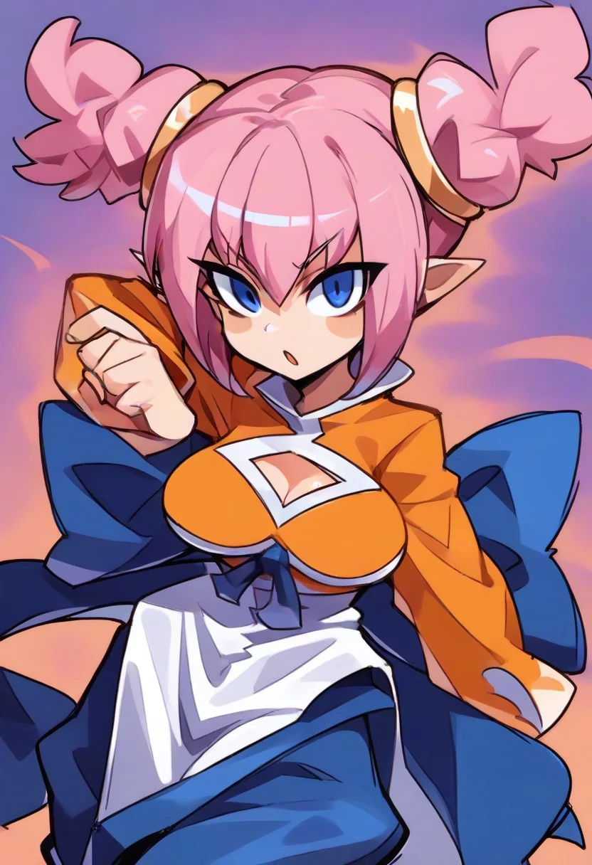 , fghtmstrssxl,twintails,blue eyes,pink hair,short hair,pointy ears,, cleavage cutout,orange shirt with long sleeves,blue pants,long white shirt,blue ribbon,long white pelvic curtain, ,bow,,<lora:FightMistressXL:0.9>,