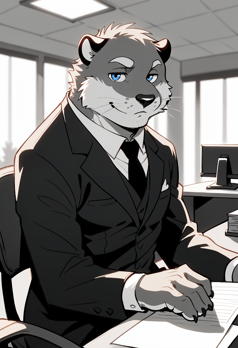 score_9, score_8_up, score_7_up, high quality, hires, by fruitz, furry, male, otter, detective outfit, blue eyes, sitting, seductive, monochrome, office, inside, detailed background, <lora:Fruitz_style:1.2>