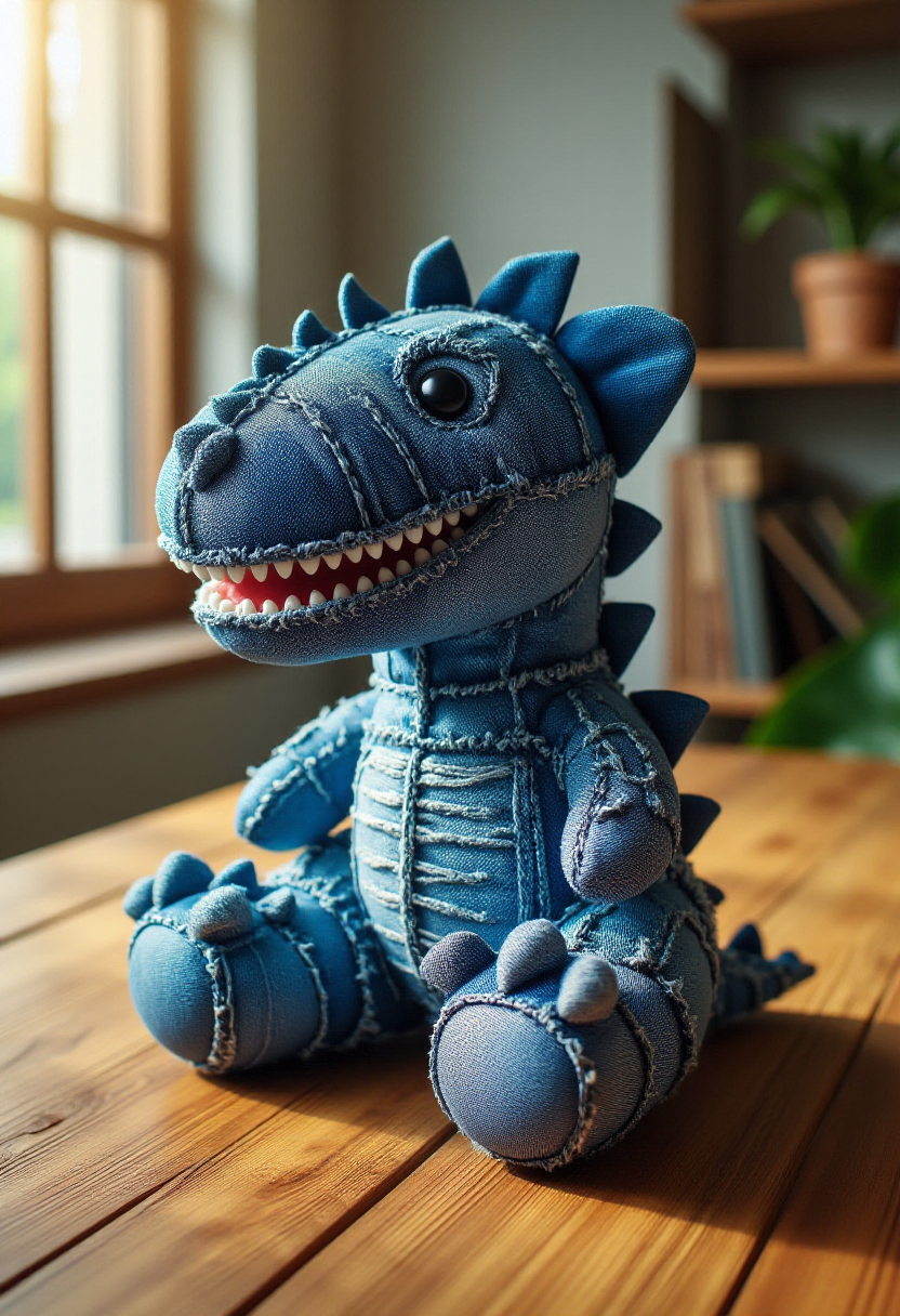 <lora:Denim_Dreamer_FLUX-000021:0.9>
The image is a photograph showcasing a plush toy dinosaur sitting on a wooden table. The dinosaur is designed to resemble a blue, denim-like fabric with a distressed, worn appearance.