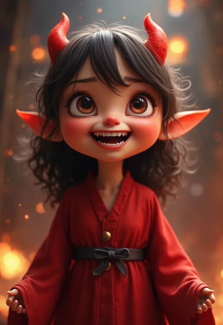 cinematic film still A cute female Satan,devil, laughing manically, depicted in a whimsical realistic style, features adorable oversized eyes filled with mischief and charm. Their rosy cheeks dimple as they flash a mischievous grin, contrasting with their devilish horns and tail. Clad in red-colored robes adorned with cute little flames, they exude an aura of playful innocence despite their infernal nature. The scene is bathed in soft pastel hues reminiscent of a dreamy magical world where even the Prince of Darkness can be irresistibly cute.<lora:ImageUpgraderV2:0.5> detailmaximizer, highly detailed hellish background . shallow depth of field, vignette, highly detailed, high budget, bokeh, cinemascope, moody, epic, gorgeous, film grain, grainy