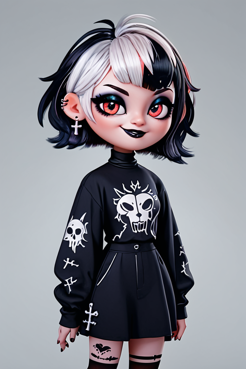score_9, score_8_up, score_8, medium breasts, (curvy), cute, eyelashes,       BREAK, ,   ,,, <lora:GothMavis_PDXL:0.8>, zzGothMavis, black hair, white hair, makeup, short hair, black lips, multicolored hair, two-tone hair, ear piercing, eyeshadow, gothic, shirt, lipstick, tattoo, turtleneck, cross ,,, , BREAK, socks, big shoes, ,,, smile, looking at viewer, cowboy shot, ,,, embedding:zPDXL, Expressiveh, ,,, <lora:CuteToonPDXL:1.0>, <lora:SDXLFaeTastic2400:0.5>, <lora:Expressive_H-000001:0.4>,