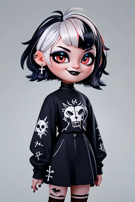 score_9, score_8_up, score_8, medium breasts, (curvy), cute, eyelashes, BREAK, , ,,, <lora:GothMavis_PDXL:0.8>, zzGothMavis, black hair, white hair, makeup, short hair, black lips, multicolored hair, two-tone hair, ear piercing, eyeshadow, gothic, shirt, lipstick, tattoo, turtleneck, cross ,,, , BREAK, socks, big shoes, ,,, smile, looking at viewer, cowboy shot, ,,, embedding:zPDXL, Expressiveh, ,,, <lora:CuteToonPDXL:1.0>, <lora:SDXLFaeTastic2400:0.5>, <lora:Expressive_H-000001:0.4>,