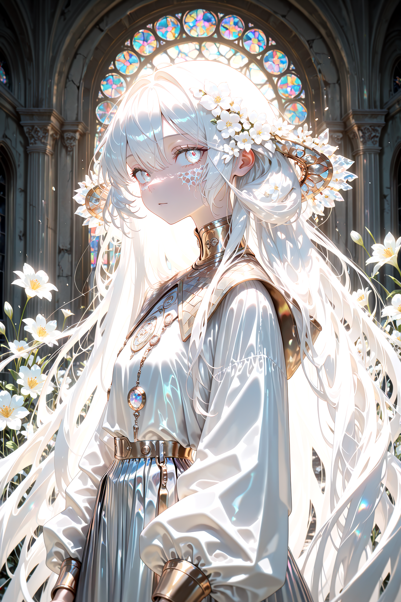 masterpiece, best quality, amazing quality, very aesthetic, absurdres,  newest,
indoors,flower,ruins,small_window,
1girl,long white hair,
standing, (from front:1.5) very close-up upper body
looking_at_viewer,open_eyes,crossed (from side looking to the side :1.5)
{{best_quality}},{{amazing_quality,very_aesthetic}},
masterpiece, best quality, amazing quality, very aesthetic, absurdres,  newest, volumetric lighting,<lora:spo_sdxl_10ep_4k-data_lora_webui:1>  <lora:KonyaKarasue-Lokr-NOOBEPS110:1> <lora:holographiccolor:0.95> <lora:USNR STYLE_XL_loha:0.15>