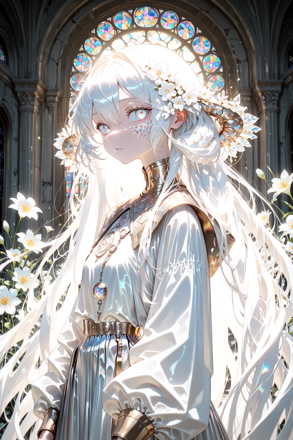 masterpiece, best quality, amazing quality, very aesthetic, absurdres, newest,
indoors,flower,ruins,small_window,
1girl,long white hair,
standing, (from front:1.5) very close-up upper body
looking_at_viewer,open_eyes,crossed (from side looking to the side :1.5)
{{best_quality}},{{amazing_quality,very_aesthetic}},
masterpiece, best quality, amazing quality, very aesthetic, absurdres, newest, volumetric lighting,<lora:spo_sdxl_10ep_4k-data_lora_webui:1> <lora:KonyaKarasue-Lokr-NOOBEPS110:1> <lora:holographiccolor:0.95> <lora:USNR STYLE_XL_loha:0.15>