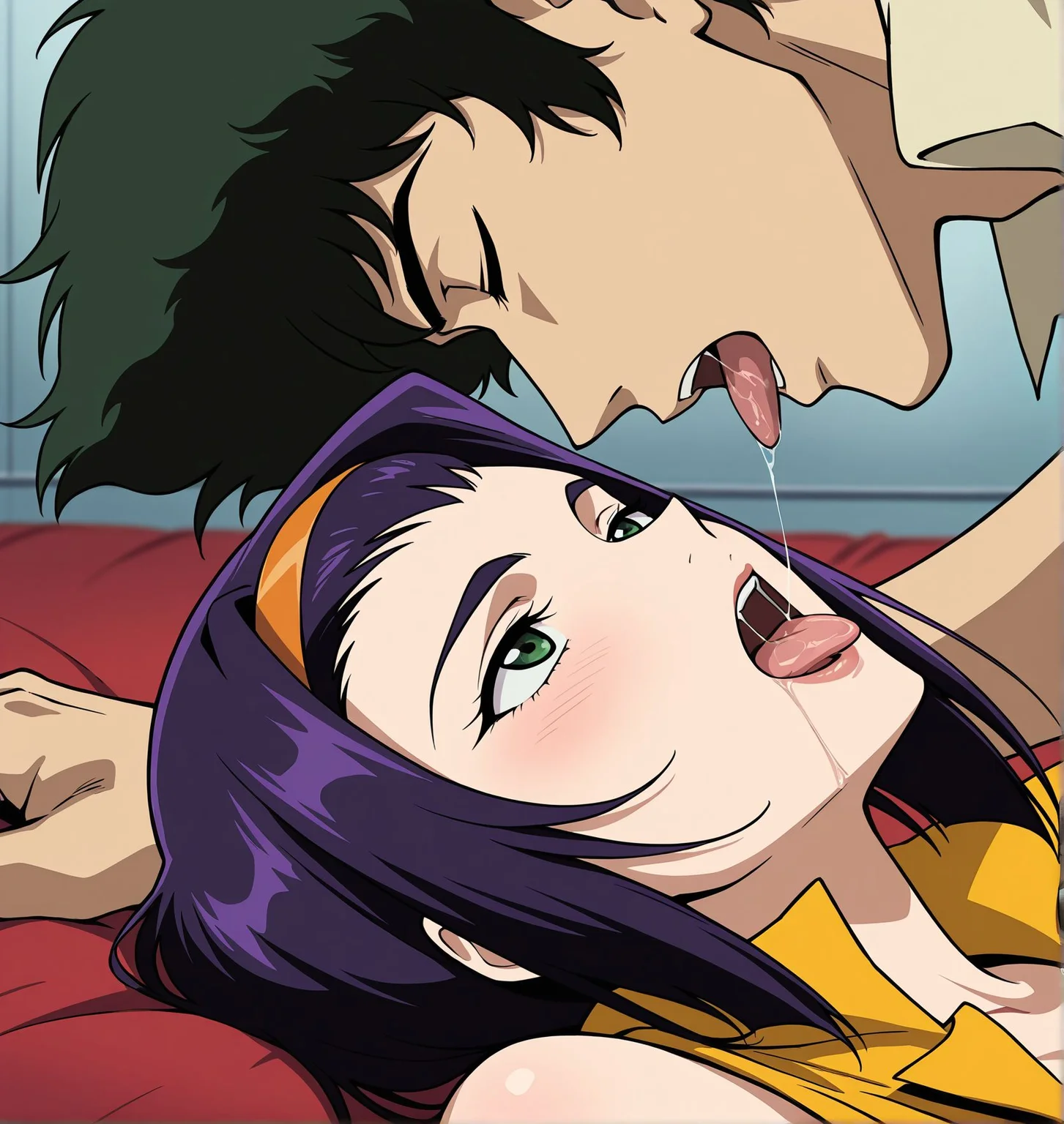 masterpiece, best quality, newest, absurdres, highres, detailed eyes, beautiful, detailed background, perfect eyes, anime coloring, anime screencap,
<lora:saliva_swapping:1> saliva_swappingV1,
1girl, 1boy, hetero, saliva,tongue,closed eyes,
saliva trail,tongue,,steam,
open mouth,looking down ,looking up ,
(saliva swapping), (upper body:1.3), girl on top,
(girl spits saliva to boy),
threesome,
BREAK
official art,
cowboy bebop,
Faye Valentine,
Spike Spiegel,