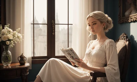 white hair, looking away, (style of Paolo Roversi) Renaissance young adult woman, pale skin, flowing diaphanous gown, seated by a window, period-appropriate artifacts, (soft face light:1.5), intricate details, thoughtful expression, soft lighting, rich textures, detailed embroidery, elegant and timeless, muted color palette, vintage and nostalgic, rule of thirds composition, soft shadows, dreamy atmosphere, smokey eye makeup, (porcelain skin, fair skin, staring ahead, blank expression:1.3), modesty panel, lace choker, bow-shaped lips, fill lighting, Bella_Jockitch, reading newspaper