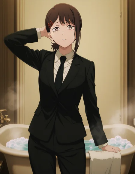 masterpiece, best quality, amazing quality,, <lora:kobeni-higashiyama-s1-illustriousxl-lora-nochekaiser:1>, kobeni higashiyama, higashiyama kobeni, black hair, hair ornament, hairclip, mole, mole under eye, ponytail, short hair, brown eyes, mature female, small breasts, anime screencap, black necktie, black pants, business suit, formal, long sleeves, necktie, pants, suit,, hand behind head, , bathtub, water, bubbles, steam, towel, cowboy shot, solo, looking at viewer