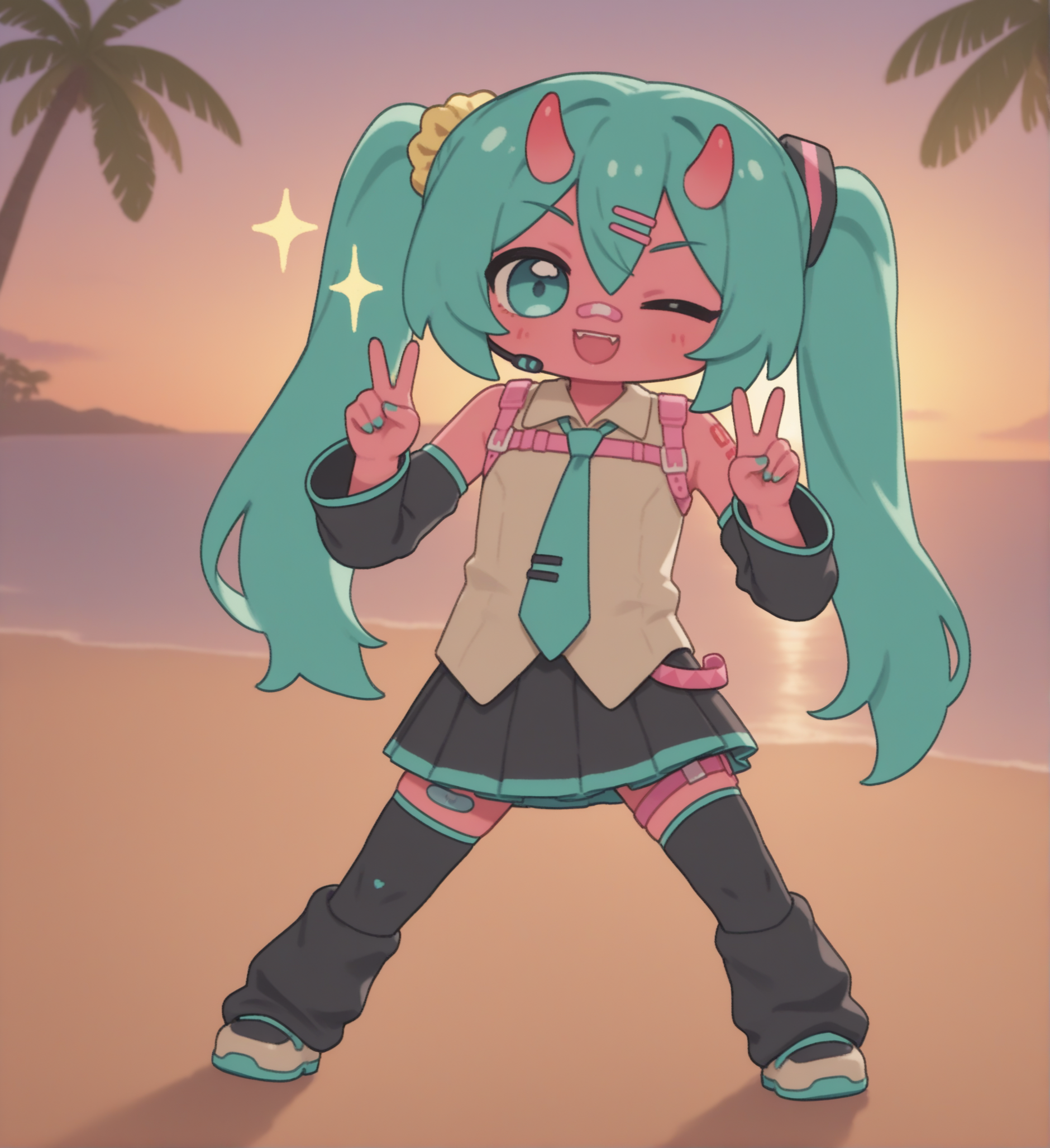 chibi  (full body, wink, double v, dance, sparkling:1.4), (beach, sunset, golden hour, clouds, palm trees, ocean, sand:1.6), fortnite_nemia, 1girl, solo, green hair, twintails, ponytail, long hair, bangs, hair between eyes, hair over one eye, ears, horns, oni horns, single horn, red skin, pink skin, blue eyes, parted lips, bandaid, bandaid on nose, bandaid on thighs, colored skin, hair ornament, hairclip, scrunchie, aqua nails, aqua necktie, bare shoulders, black skirt, black sleeves, black thighhighs, boots, detached sleeves, hair ornament, hatsune miku, headphones, headset, looking at viewer, miniskirt, nail polish, necktie, pleated skirt, shirt, shoulder tattoo, skirt, sleeveless, sleeveless shirt, open mouth, fangs, teeth, <lora:Fortnite_Nemia_Demonically_Cute_Set_ILXL_E29_16_DIM:0.8>,  <lora:Miratsu169_Style_il_v1.0:1.1>