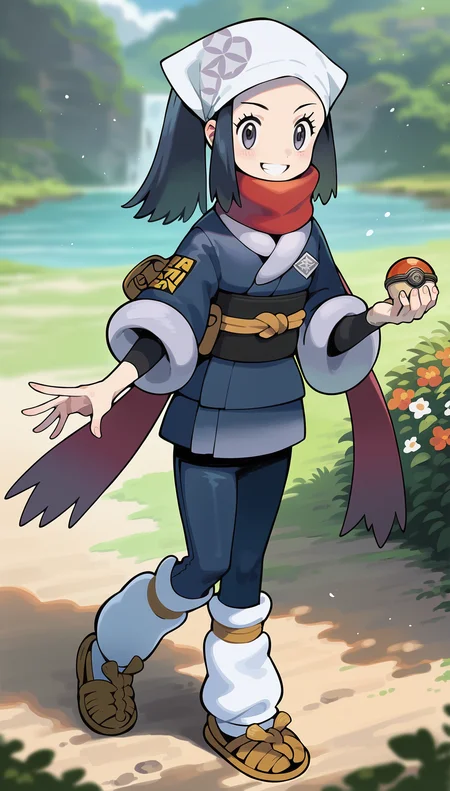 score_9,score_8_up,score_7_up,
highres,highly detailed,
<lora:hikaridawn:0.9>,
akaridawn,1girl,solo,navy blue hair,long hair,ponytail,grey eyes,looking at viewer,grin,white bandana,dark blue clothes,red scarf,black detached sleeves,dark blue leggings,white loose socks,straw shoes,full body,right hand holding poke ball,
blurry background,vignetting,outdoors,spring,light particles,greenlands,flower,