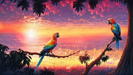 A vibrant parrot perched on a tropical tree with a sunset behind <lora:bBackground:1.3>