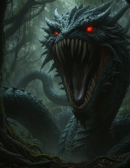 realistic, cinematic, terrifying colossal serpent with draconic features, including a fierce snarling head with sharp teeth and glowing red eyes, the serpent should have a scales that reflect a dark ominous sheen, its long winding body should be partially coiled with sections disappearing into the dense shadowy forest, The forest should be thick with twisted ancient trees and creeping vines, dark and foreboding atmosphere, light filters through the canopy, eerie ambiance, The background should be filled with mist and shadows, danger and mystery, <lora:MJ52:0.5>, <lora:zavy-cntrst-sdxl:0.7>, <lora:add-detail-xl:1>