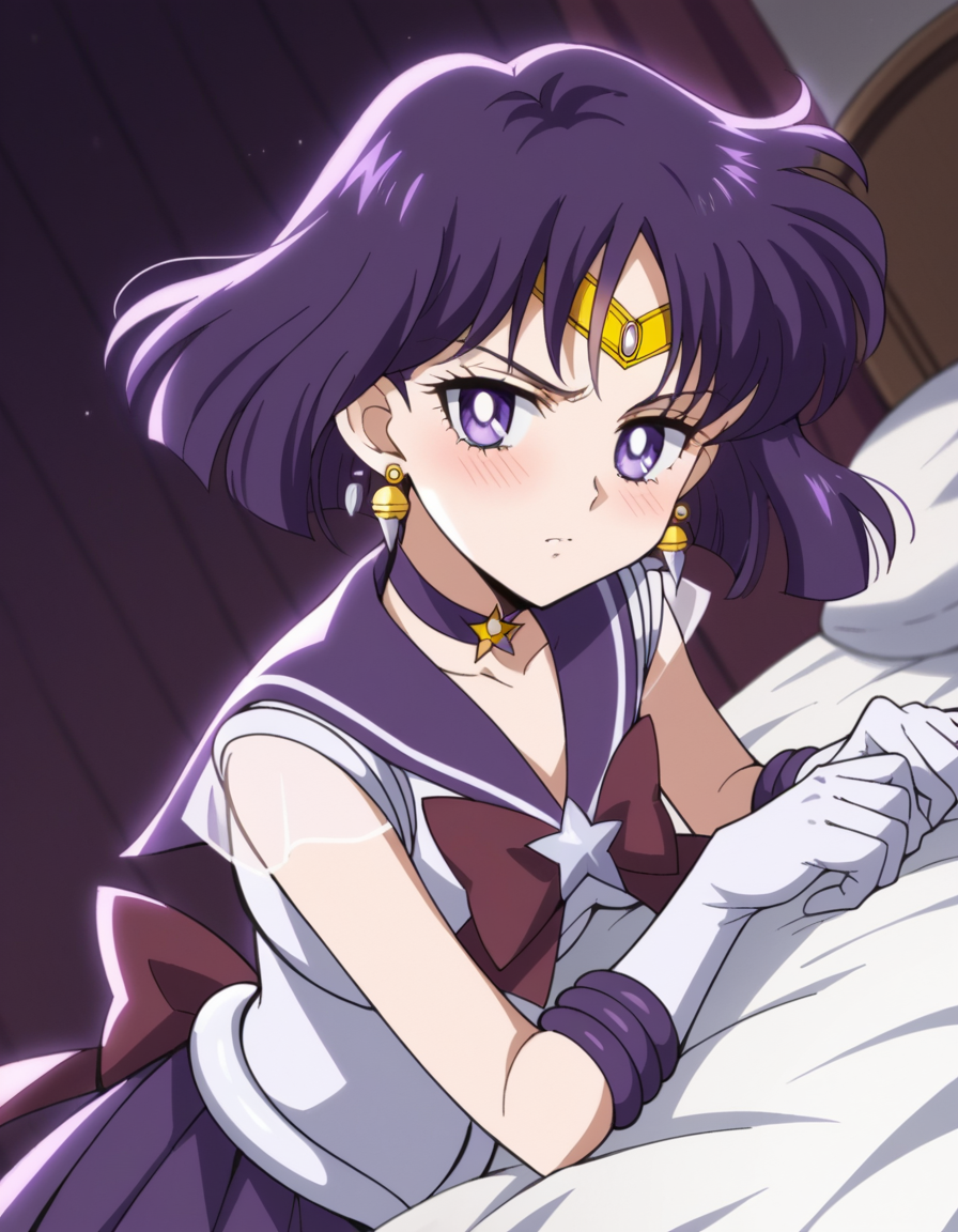 score_9, score_8_up, score_7_up, source_anime, <lora:hotaru-tomoe-eternal-movie1-ponyxl-lora-nochekaiser:1>, hotaru tomoe, purple eyes, short hair, purple hair, circlet,, brooch, choker, earrings, gloves, jewelry, magical girl, miniskirt, purple sailor collar, sailor collar, sailor senshi uniform, skirt, star choker, white gloves,, indoors, bed, bed room, on side, blush, drunk, looking at viewer, solo,, cowboy shot, dutch angle