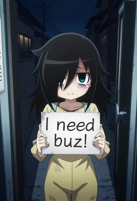 detailed background, official style, anime coloring, (anime screencap) masterpiece, detailed face, 1girl,  <lora:Tomoko_Kuroki:0.8>, Tomoko, small breasts, black hair, long hair, bags under eyes, hair between eyes, hair over one eye, flat chest, petit body, skinny, oversized breast cup, sad, sad expression, tears, need_buzz, holding sign, looking up at viewer, standing, sweating, dirty clothes, outdoors, night time, buildings in the background, pov, opening apartment door,